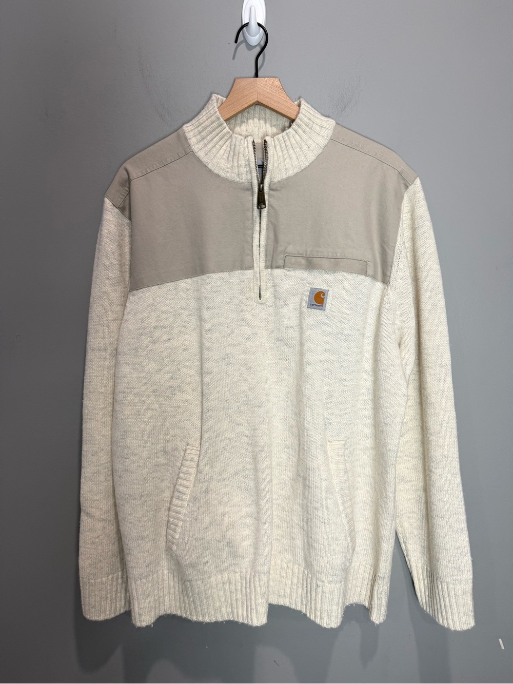 Carhartt Wool Blend Canvas Panel Quarter Zip Sweater Men’s XL Cream